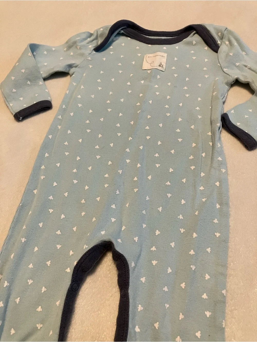 Burt's Bees Baby Light Blue Bee Print Romper with Navy Trim